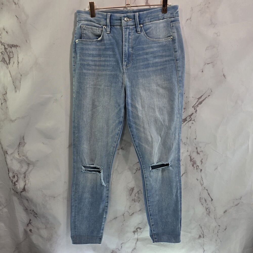 Good American Jeans Womens 6 28 Light Wash Denim High Rise Frayed Hem Crop